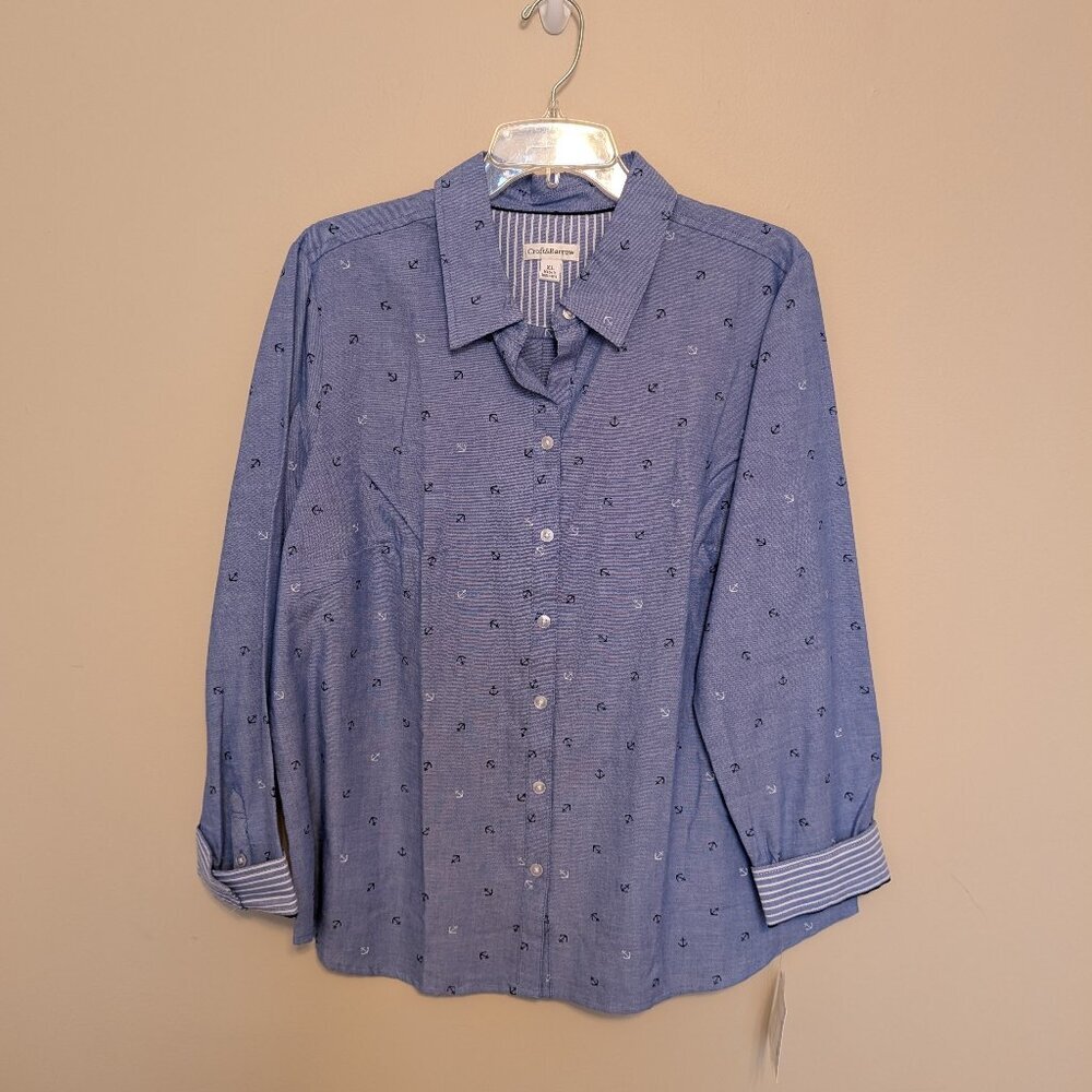NWT Croft & Barrow chambray blouse XL button up anchor print striped cuffs